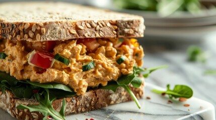 Delicious Chickpea Salad Sandwich - A close-up of a delicious chickpea salad sandwich on a white plate with a side of arugula