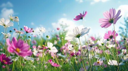 Obraz premium A field of cosmos flowers in shades of pink, white, and purple, their delicate petals and slender stems swaying gently in the breeze, set against a backdrop of lush green grass and a clear blue sky,