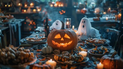 A spooky Halloween feast with eerie decorations and ghostly figures, art deco, mosaic