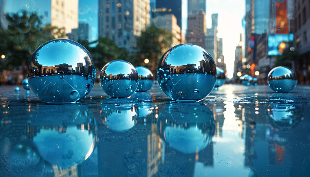 Reflets urbains dans des sph&egrave;res de verre.
