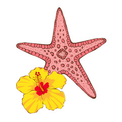 Large starfish with yellow hibiskus flower. Tropical beach composition, design element for prints, cards, fabric. Hand drawn illustration in flat style on white background. © YustasArt