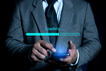 Businessman shows the sign of download application and waiting to loading from online server, Upload, download, internet, network. Data loading concept