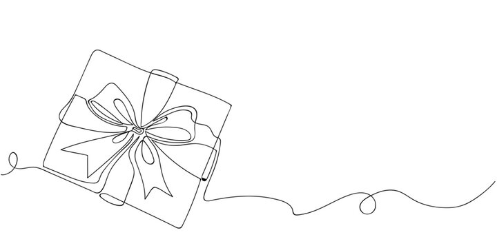 recommend clip art: One Continuous line drawing of Birthday Gift box with ribbon and bow. Festive present and wrapped surprise package in simple linear style. Vector illustration in doodle style