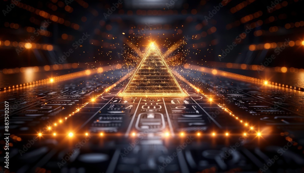 Poster futuristic digital pyramid with glowing lights in a dark abstract background. technology and cyber c