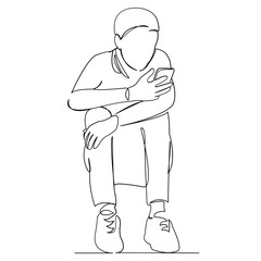 continuous single drawn one line boy with phone hand-drawn picture silhouette. Line art. doodle