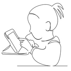 continuous single drawn one line girl playing tablet hand-drawn picture silhouette. Line art. Doodle