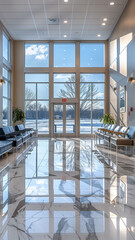 Modern lobby with large windows and polished marble floor