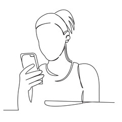 continuous single drawn one line girl listens to music in the phone hand-drawn picture silhouette. line art doodle