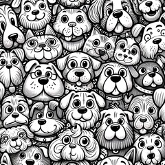 Dog doodle art cartoon with expressive faces arranged in a crowded pattern, capturing their unique personalities