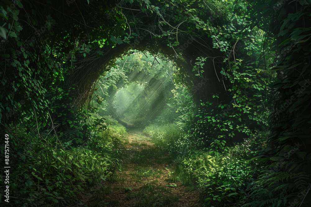 Poster a forest path with a large tree archway