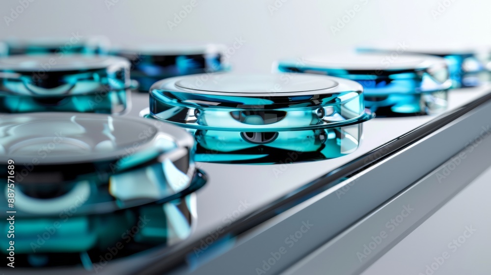 Poster Modern Digital Interface Showcase with Sleek Glass Buttons and Transparent Overlays in a Contemporary Setting