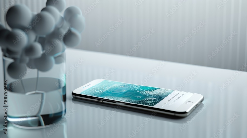 Poster sleek modern mobile app interface with glass effect on smartphone in minimalist setting