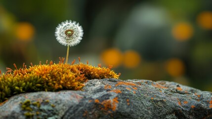 Dandelion seed head growing on a mossy rock with lichen and small plants.