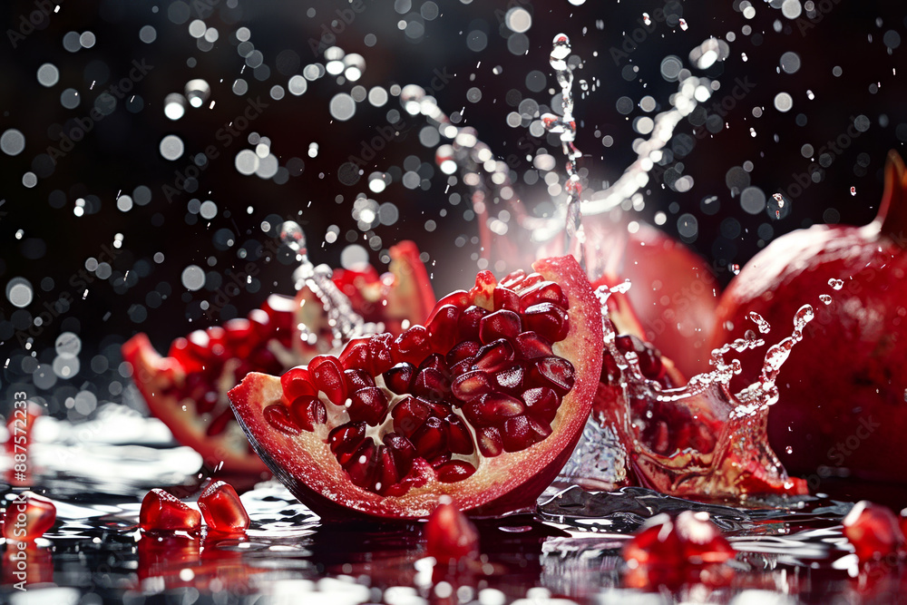 Poster a red pomegranate is sliced open and splashing water