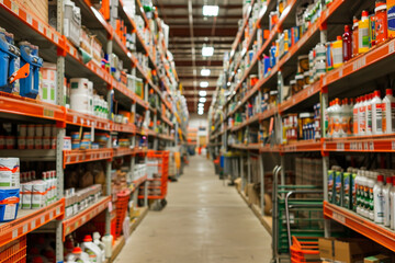 A large store with many shelves and a cart