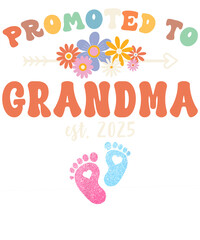 A colorful graphic design announcing the promotion to grandma with a flower crown and baby footprints.