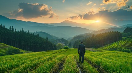 Fototapeta premium man in a japanese rice field at peace