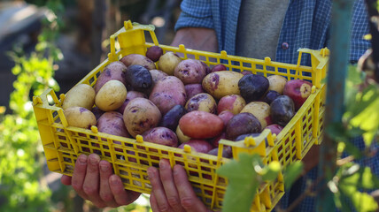 Harvest of organic potatoes in a box in the hands of a farmer close-up selective focus