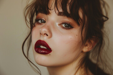 A woman with red lipstick and brown hair
