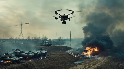 Drone flying over destroyed tanks in smoky battlefield