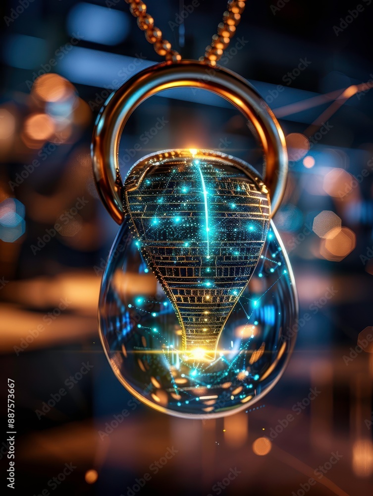 Poster futuristic robot concept with glowing circuits enclosed in a glass case, highlighting advanced techn