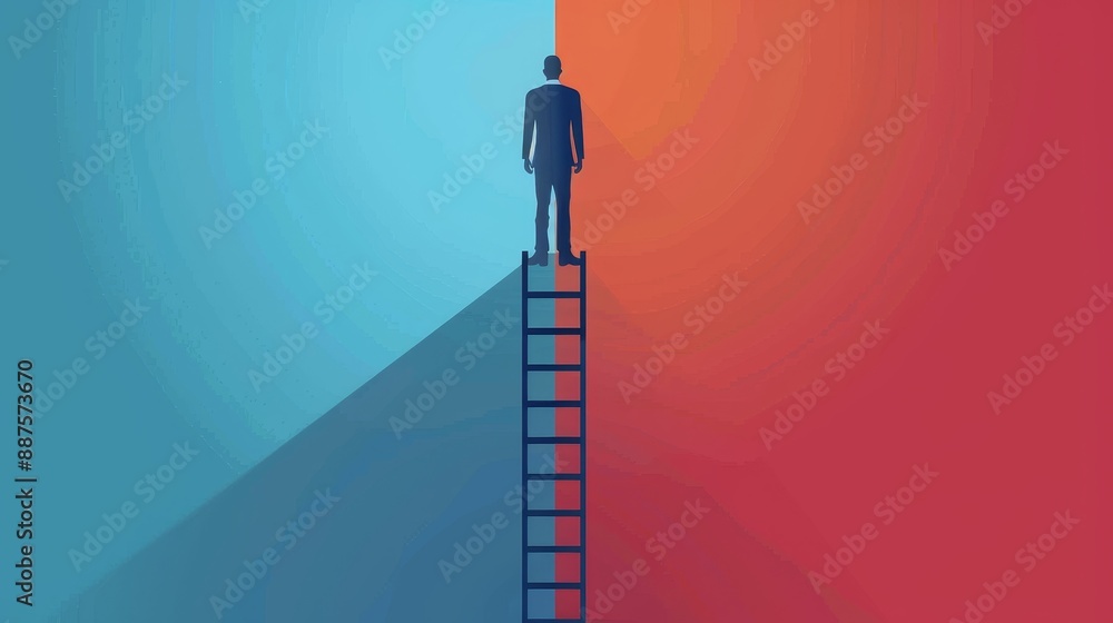 Poster man on a ladder standing between two colors - a silhouette of a man standing on a ladder positioned 