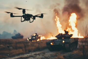 Drones and tanks in heated battle with fiery backdrop.