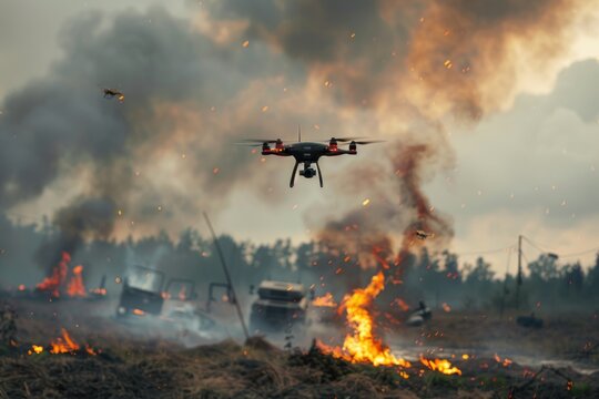 Battle drones with background explosions in a field