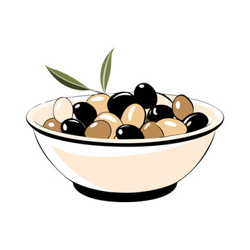 recommend clip art: vector line art of bowl filled with black and green olives with pair of leaves