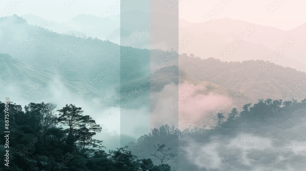 Aufkleber misty mountain landscape - a scenic view of misty mountains with fog rolling through the hills. the 