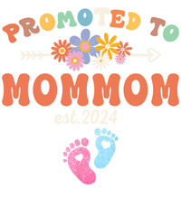 Colorful graphic with text "promoted to grandma est 2024" and flowers, arrow, and baby footprints.  Perfect for new grandma announcement.