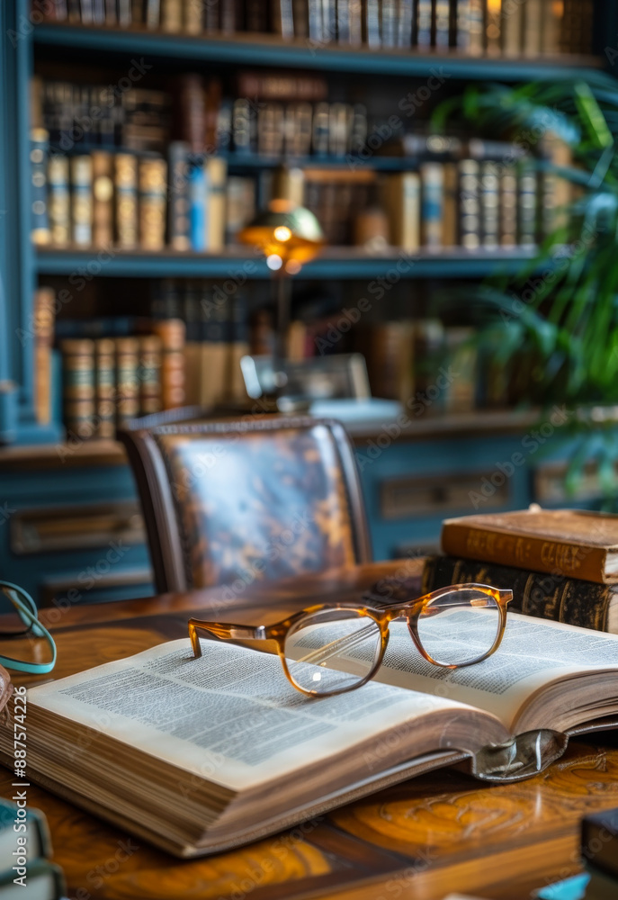 Poster a pair of glasses sits on top of an open book on a desk. the scene is set in a library, with a large