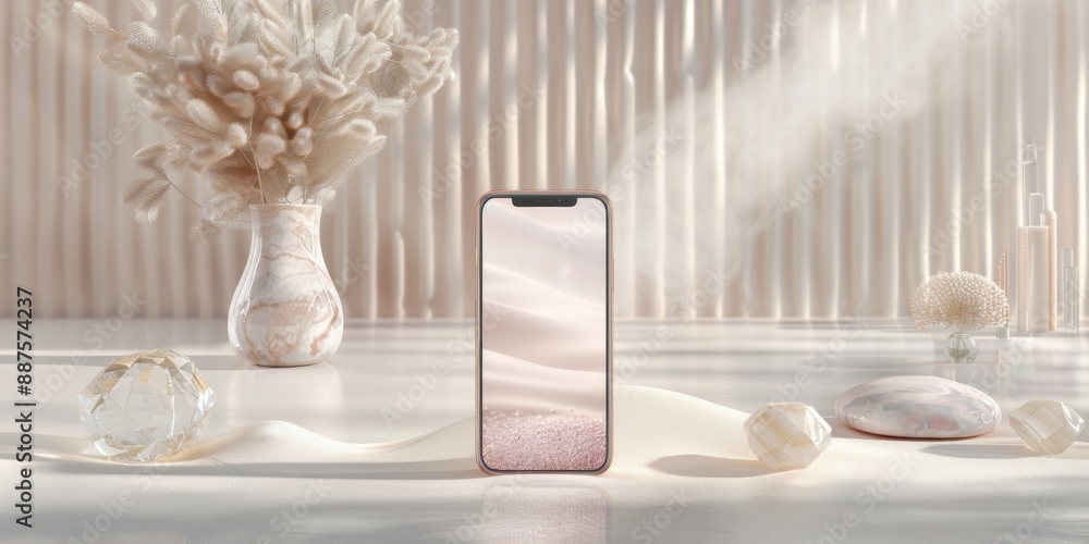 Aufkleber serenity design meditation app interface with crystal elements in soft lit room, highlighting calm a