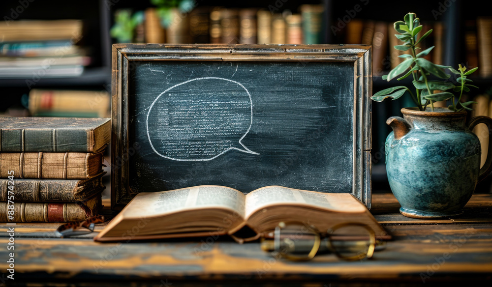 Poster a chalkboard with a speech bubble on it sits on a table next to a book and a vase