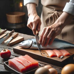 Obraz premium Crop anonymous male chef cutting raw fish on wooden table in kitchen in blurred background.