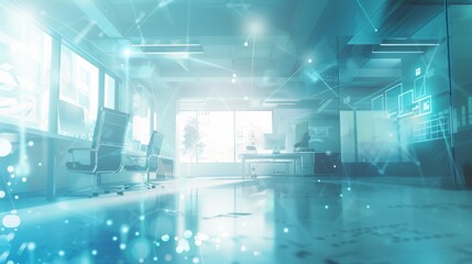 Modern Office Interior with Futuristic Network Connections - A modern office interior with futuristic network connections, showcasing a sleek and modern design, emphasizing connectivity and innovation