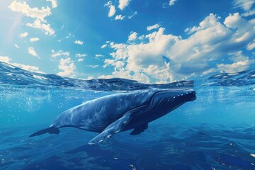 Fototapeta premium World oceans day. The blue whale swimming near a surface with a view of the blue sky.