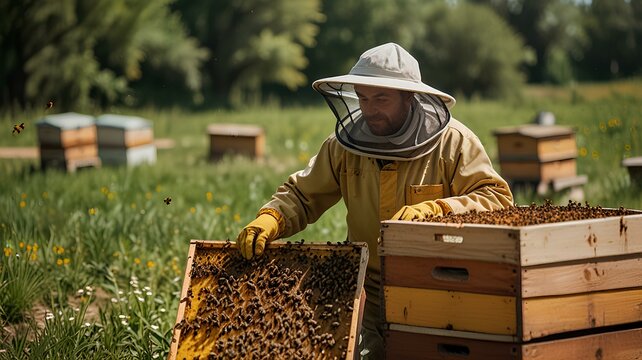 Beekeeper at the apiary bees country.