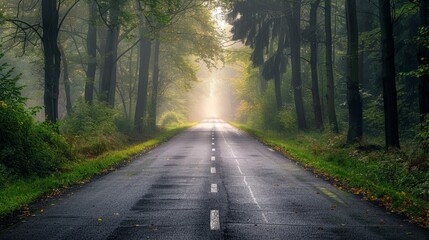 Obraz premium Mysterious Foggy Forest Road - A misty road winds through a lush forest, bathed in golden light. The path ahead is shrouded in mystery, inviting the viewer to imagine the journey that lies ahead.
