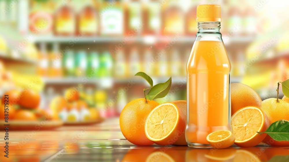 Poster refreshing orange juice with sliced oranges and a blurred supermarket background - a glass bottle of