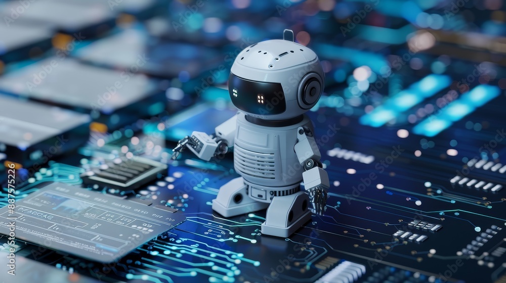 Poster robot on a circuit board - a white robot stands on a blue circuit board, representing the future of 