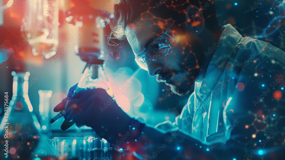 Poster scientist in laboratory - a scientist in a laboratory, working on an experiment. the image is lit wi