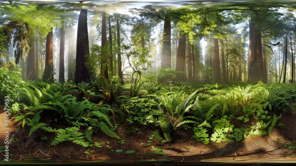 Aufkleber serene morning in lush forest with tall trees and greenery, bathed in soft sunlight - a tranquil for
