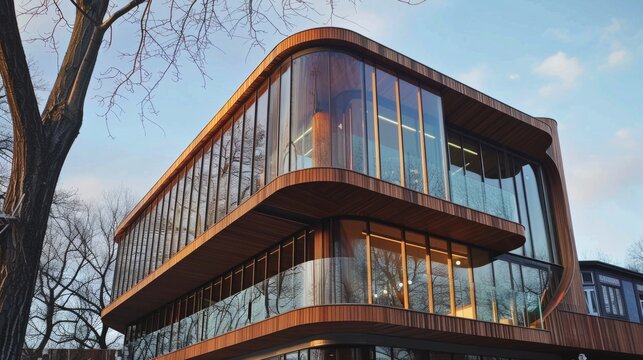 Modern architectural building with large glass facades and wooden panels in an urban setting. Contemporary design with a blend of natural elements and sleek lines.