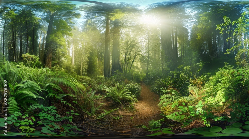 Aufkleber Serene Tropical Forest Path with Lush Greenery and Soft Sunlight - A serene path through a lush tropical forest with soft sunlight filtering through the canopy, highlighting the abundant greenery and 
