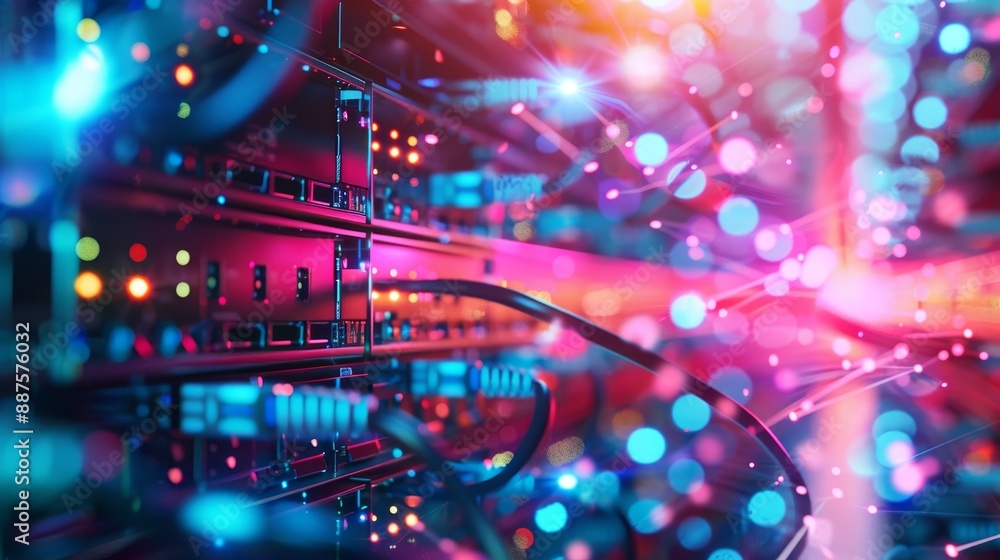Poster server rack with colorful lights - close-up of a server rack with colorful lights, representing the 