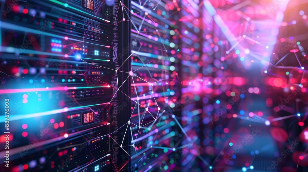 Poster server room with network connections - a close-up of a server rack in a data center with neon lights