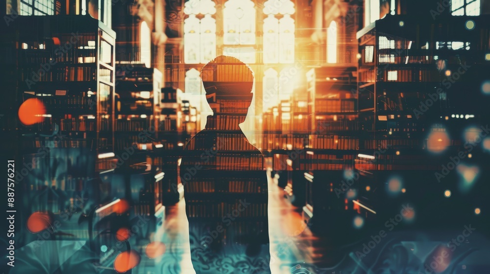 Poster silhouette of a student in a library - a silhouette of a student standing in the middle of a library