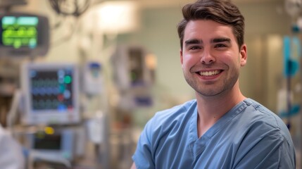 Fototapeta premium Smiling male nurse in medical scrubs in a patient room with medical equipment, representing dedication and care in nursing, professional healthcare worker, patient treatment, nurse compassion