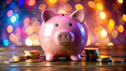 pink piggy bank sitting on a wooden table next to a pile of coins. Business concept piggy bank is a bright pink color related to saving money, finance, or piggy banks.